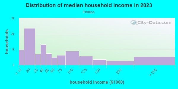 Household income distribution in 2013 in Phillips in Minneapolis neighborhood in MN