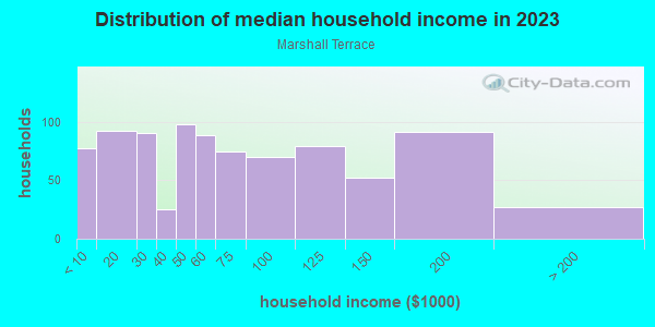 Household income distribution in 2013 in Marshall Terrace in Minneapolis neighborhood in MN