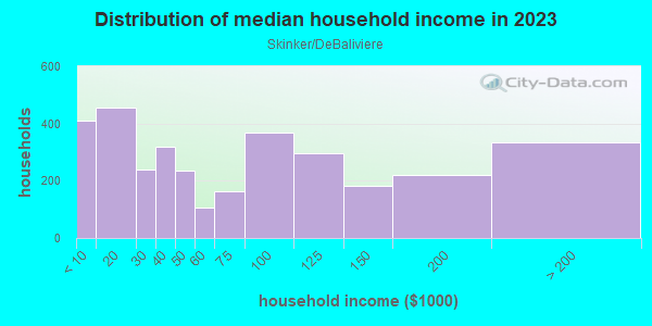 Household income distribution in 2013 in Skinker/DeBaliviere in Saint Louis neighborhood in MO