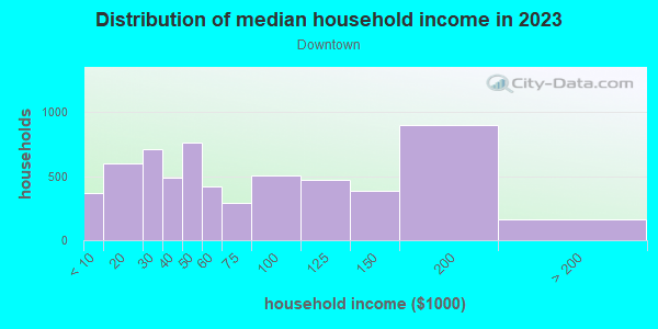 Household income distribution in 2013 in Downtown in Saint Louis neighborhood in MO