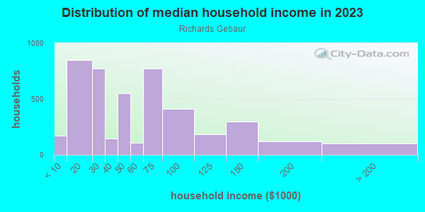 Household income distribution in 2013 in Richards Gebaur in Kansas City neighborhood in MO