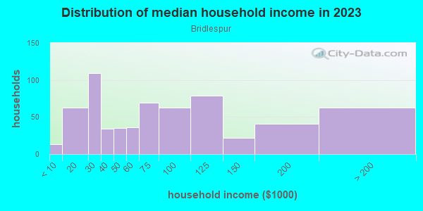 Household income distribution in 2013 in Bridlespur in Kansas City neighborhood in MO
