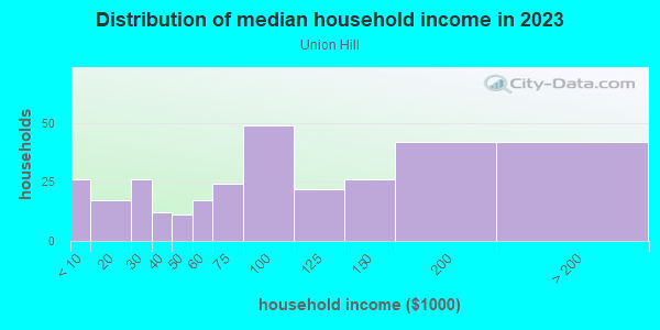 Household income distribution in 2013 in Union Hill in Kansas City neighborhood in MO