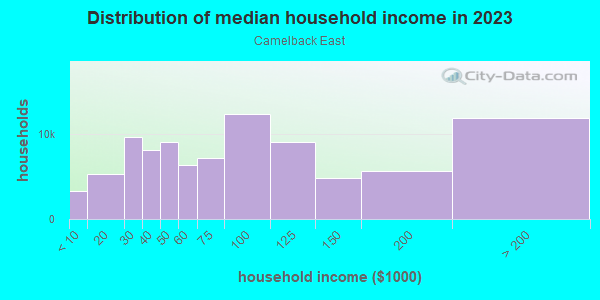 Household income distribution in 2013 in Camelback East in Phoenix neighborhood in AZ