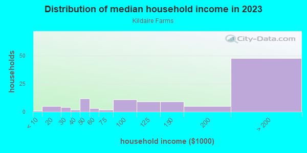 Household income distribution in 2013 in Kildaire Farms in Cary neighborhood in NC