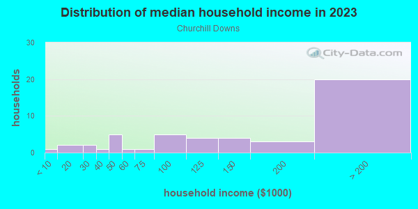 Household income distribution in 2013 in Churchill Downs in Cary neighborhood in NC