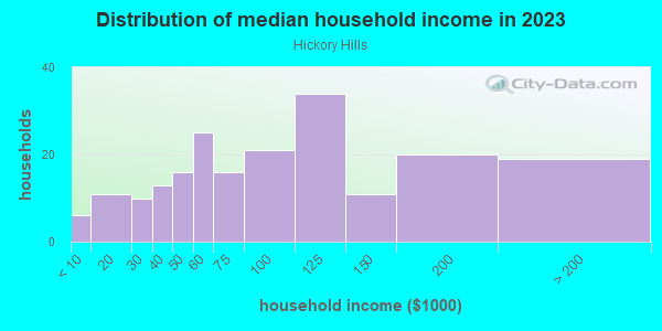Household income distribution in 2013 in Hickory Hills in Raleigh neighborhood in NC