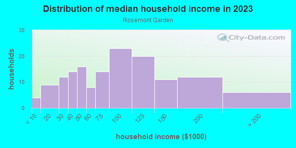 Household income distribution in 2013 in Rosemont Garden in Raleigh neighborhood in NC