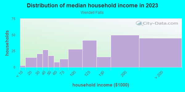 Household income distribution in 2013 in Wendell Falls in Wendell neighborhood in NC