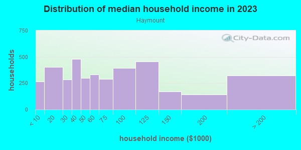 Household income distribution in 2013 in Haymount in Fayetteville neighborhood in NC