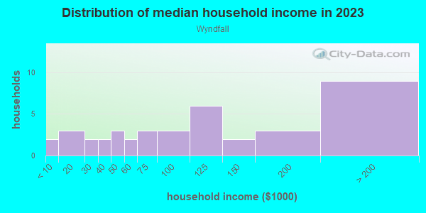 Household income distribution in 2013 in Wyndfall in Cary neighborhood in NC