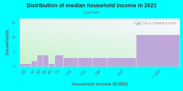 Household income distribution in 2013 in Lyon Park in Durham neighborhood in NC