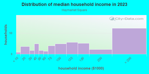Household income distribution in 2013 in Haymarket Square in Portsmouth neighborhood in NH
