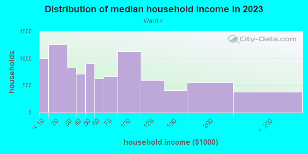 Household income distribution in 2013 in Ward 4 in East Orange neighborhood in NJ