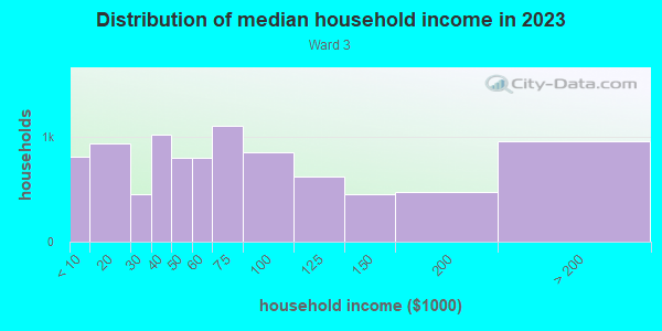 Household income distribution in 2013 in Ward 3 in East Orange neighborhood in NJ