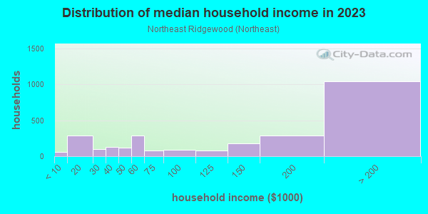 Household income distribution in 2013 in Northeast Ridgewood in Ridgewood neighborhood in NJ