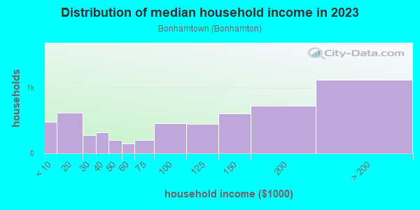 Household income distribution in 2013 in Bonhamtown in Edison neighborhood in NJ
