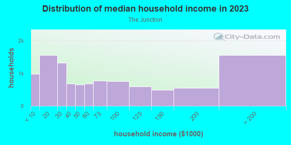 Household income distribution in 2013 in The Junction in Jersey City neighborhood in NJ