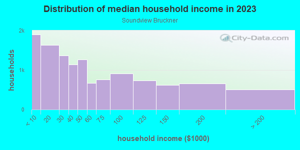 Household income distribution in 2013 in Soundview Bruckner in Bronx neighborhood in NY