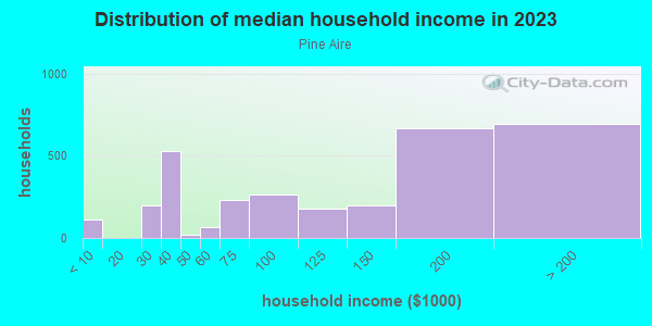 Household income distribution in 2013 in Pine Aire in Bay Shore neighborhood in NY