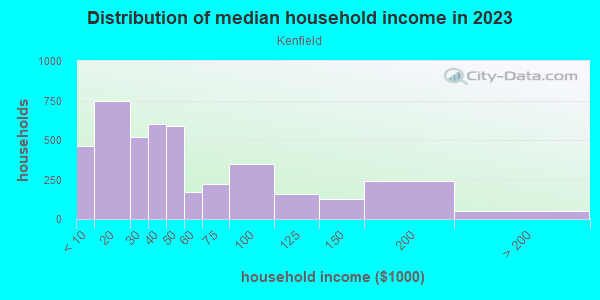Household income distribution in 2013 in Kenfield in Buffalo neighborhood in NY