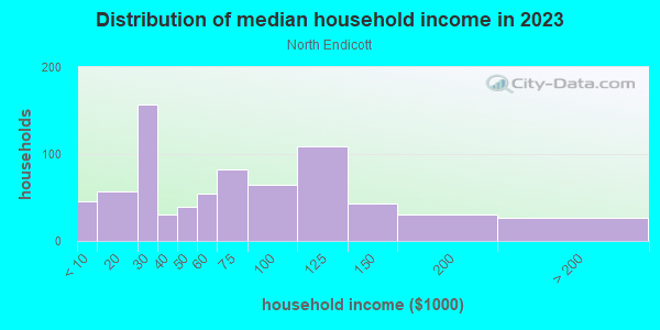 Household income distribution in 2013 in North Endicott in Endicott neighborhood in NY