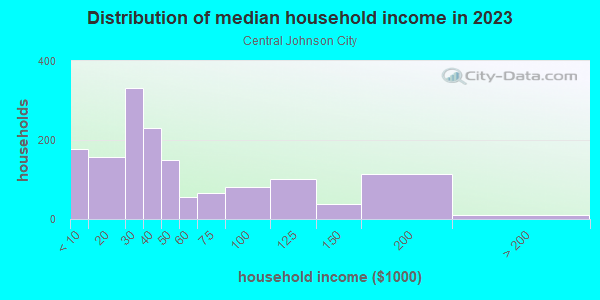Household income distribution in 2013 in Central Johnson City in Johnson City neighborhood in NY