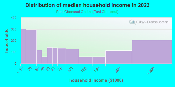 Household income distribution in 2013 in East Choconut Center in Johnson City neighborhood in NY