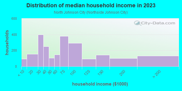 Household income distribution in 2013 in North Johnson City in Johnson City neighborhood in NY