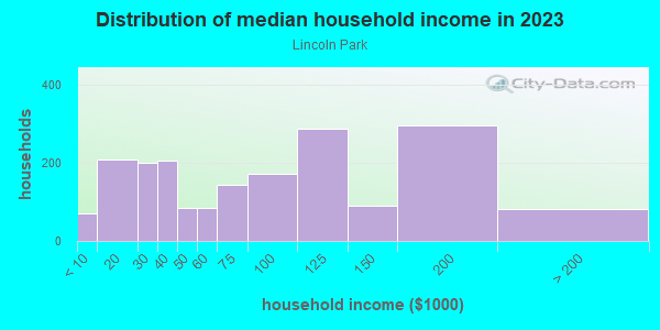 Household income distribution in 2013 in Lincoln Park in Syracuse neighborhood in NY