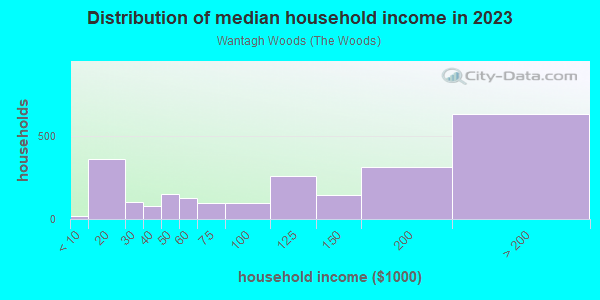 Household income distribution in 2013 in Wantagh Woods in Wantagh neighborhood in NY