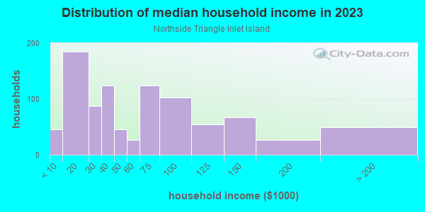 Household income distribution in 2013 in Northside Triangle Inlet Island in Ithaca neighborhood in NY