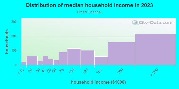 Household income distribution in 2013 in Broad Channel in Far Rockaway neighborhood in NY