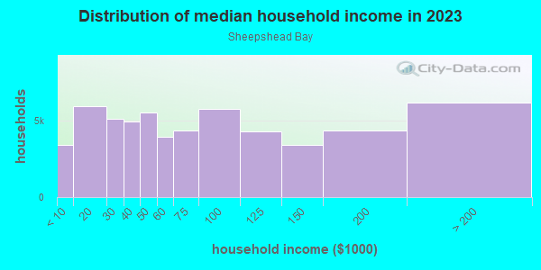 Household income distribution in 2013 in Sheepshead Bay in Brooklyn neighborhood in NY