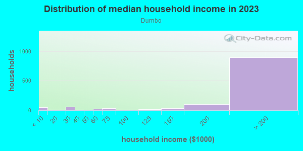 Household income distribution in 2013 in Dumbo in Brooklyn neighborhood in NY