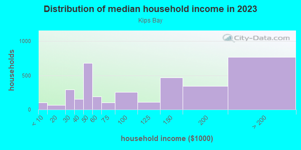 Household income distribution in 2013 in Kips Bay in New York neighborhood in NY