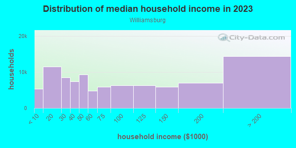 Household income distribution in 2013 in Williamsburg in Brooklyn neighborhood in NY