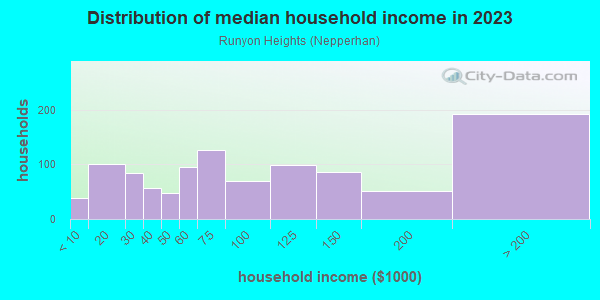 Household income distribution in 2013 in Runyon Heights in Yonkers neighborhood in NY
