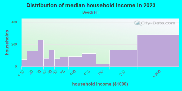 Household income distribution in 2013 in Beech Hill in Scarsdale neighborhood in NY