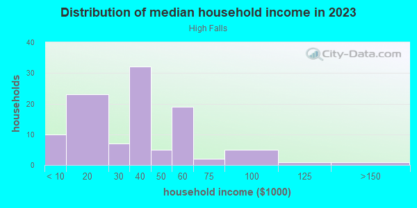Household income distribution in 2013 in High Falls in Rochester neighborhood in NY
