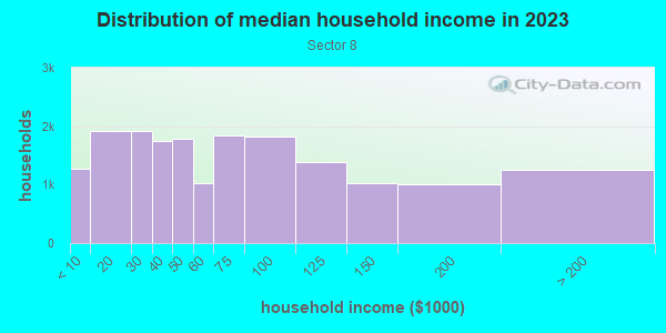 Household income distribution in 2013 in Sector 8 in Rochester neighborhood in NY