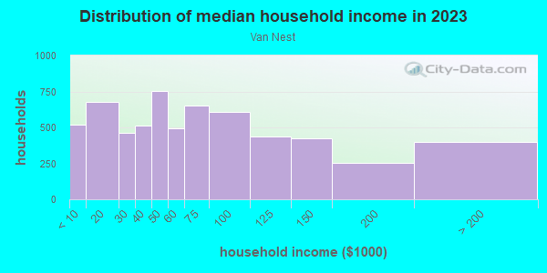 Household income distribution in 2013 in Van Nest in Bronx neighborhood in NY