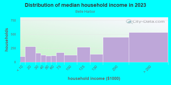 Household income distribution in 2013 in Belle Harbor in Rockaway Park neighborhood in NY