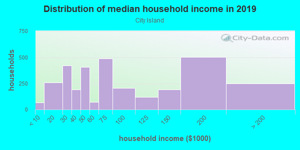 Household income distribution in 2013 in City Island in Bronx neighborhood in NY
