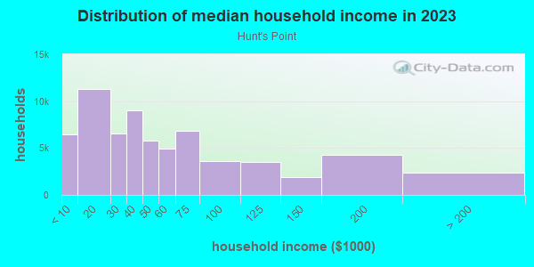 Household income distribution in 2013 in Hunt's Point in Bronx neighborhood in NY