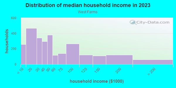 Household income distribution in 2013 in West Farms in Bronx neighborhood in NY