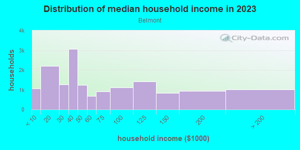 Household income distribution in 2013 in Belmont in Bronx neighborhood in NY