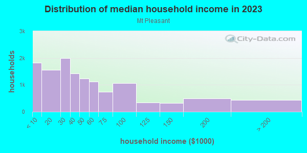 Household income distribution in 2013 in Mt Pleasant in Cleveland neighborhood in OH
