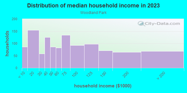 Household income distribution in 2013 in Woodland Park in Columbus neighborhood in OH