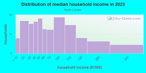 Household income distribution in 2013 in North Linden in Columbus neighborhood in OH